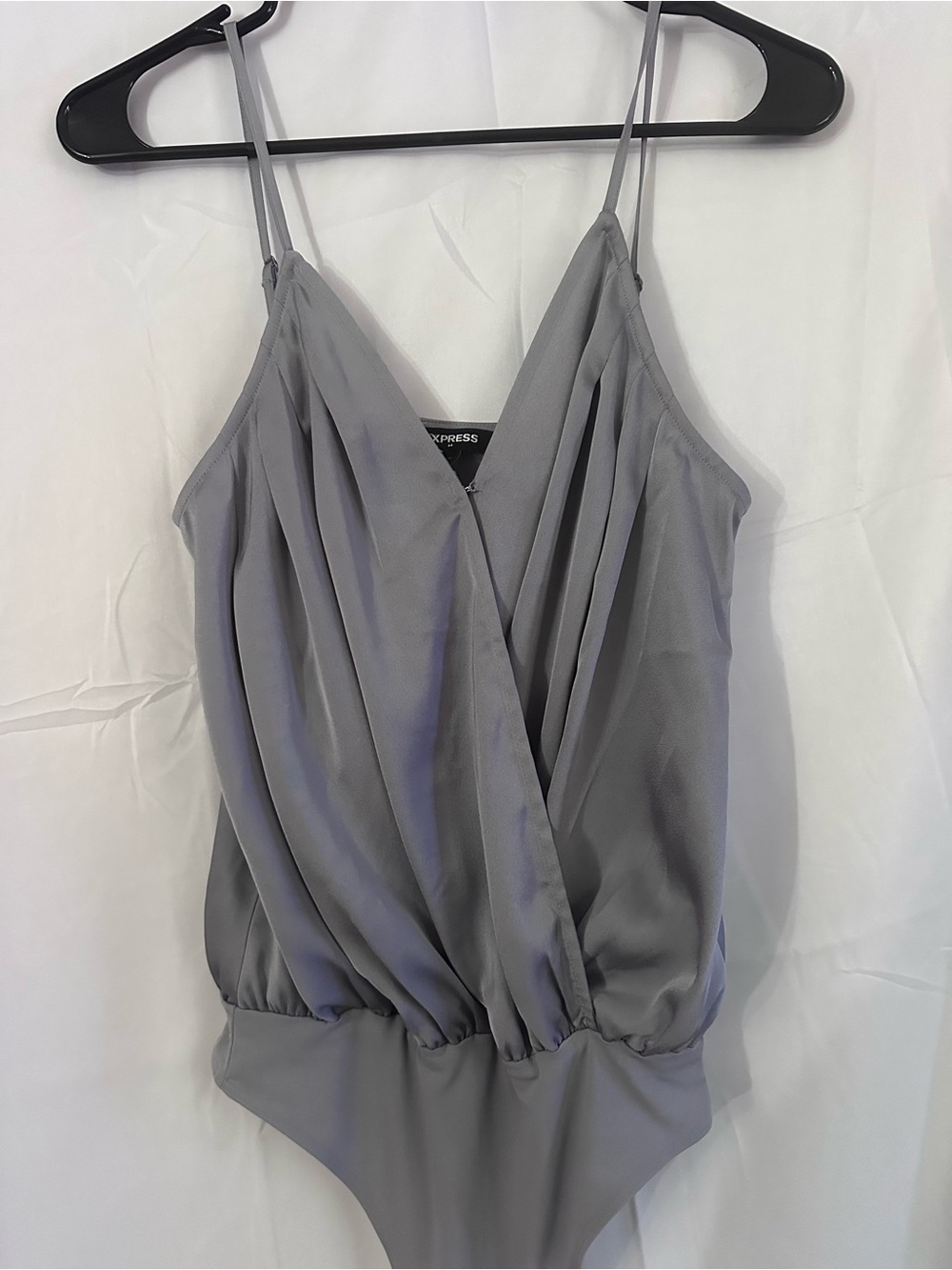 Express Grey Satin Surplice Bodysuit - Picture 2 of 5